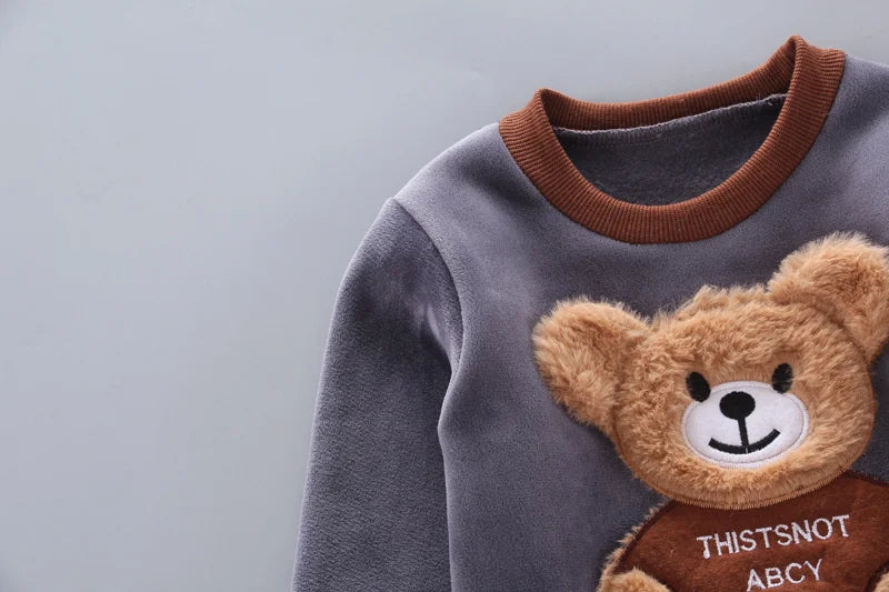 Kids Cartoon Clothing Sets Winter Autumn Boys Girls Cotton Warm Hooded Sweater with teddy bear design 