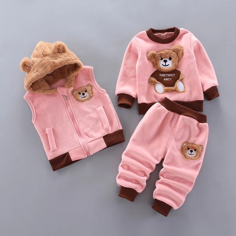 Kids Cartoon Clothing Sets Winter Autumn Boys Girls Cotton Warm Hooded Sweater in pink with bear design    