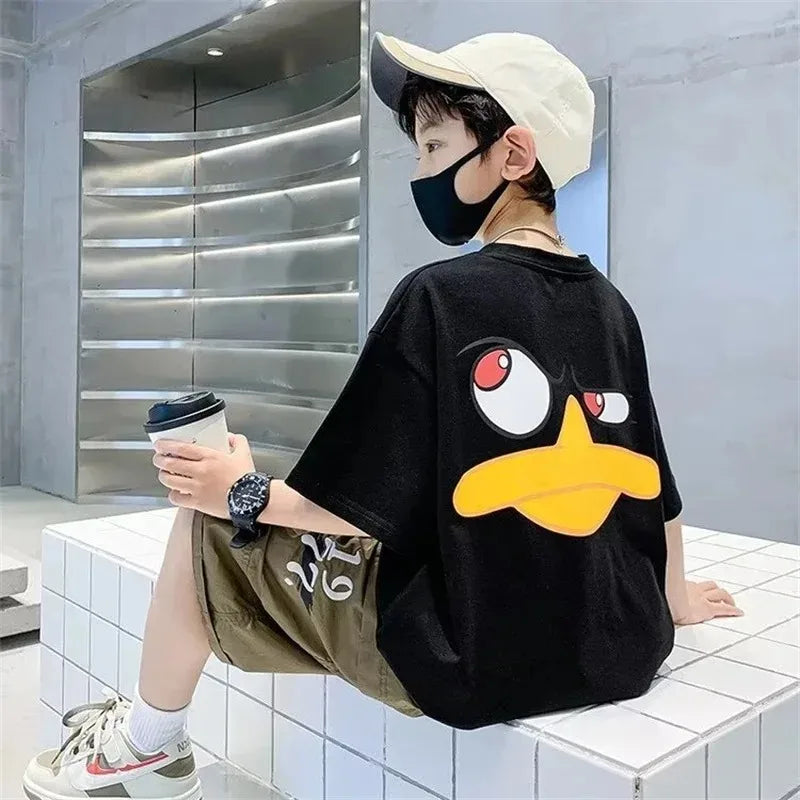 Kids Cartoon Print Cotton T-shirt Streetwear Style Short Sleeve Top Unisex black tee with colorful duck face print worn by kid