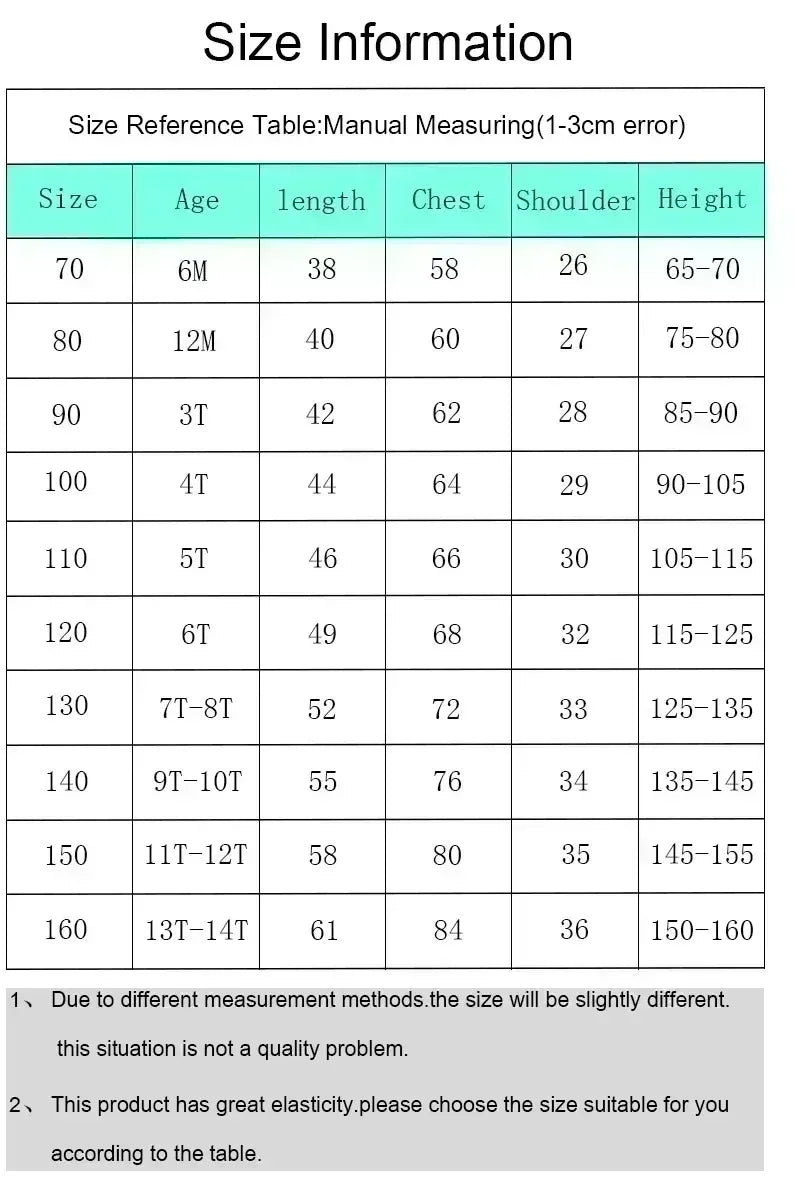 Size chart for Kids Cartoon Print Cotton T-shirt Streetwear Style Short Sleeve Top Unisex with measurements for age 6 months to 14 years