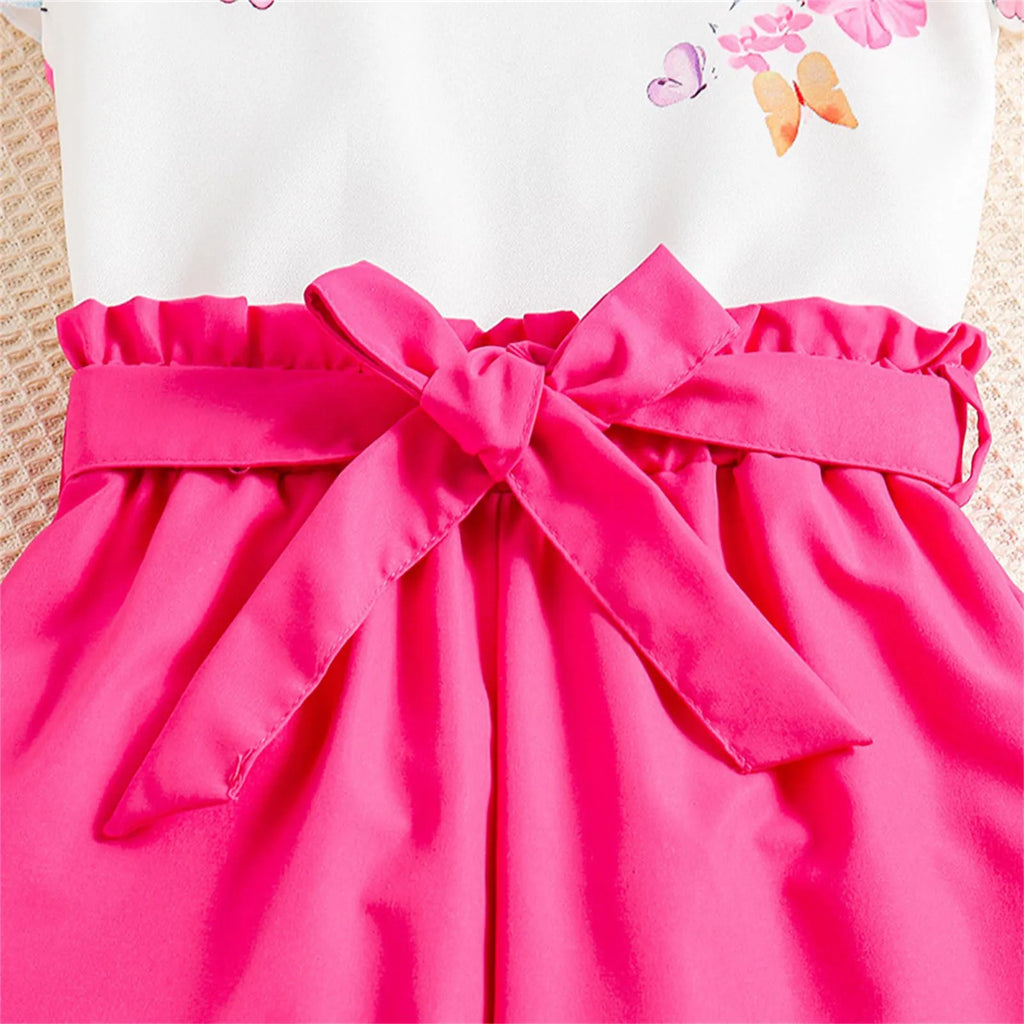 Kids Casual Clothing Sets Summer Girls Fashion Rose Floral Print White Top Pants with pink bow detail