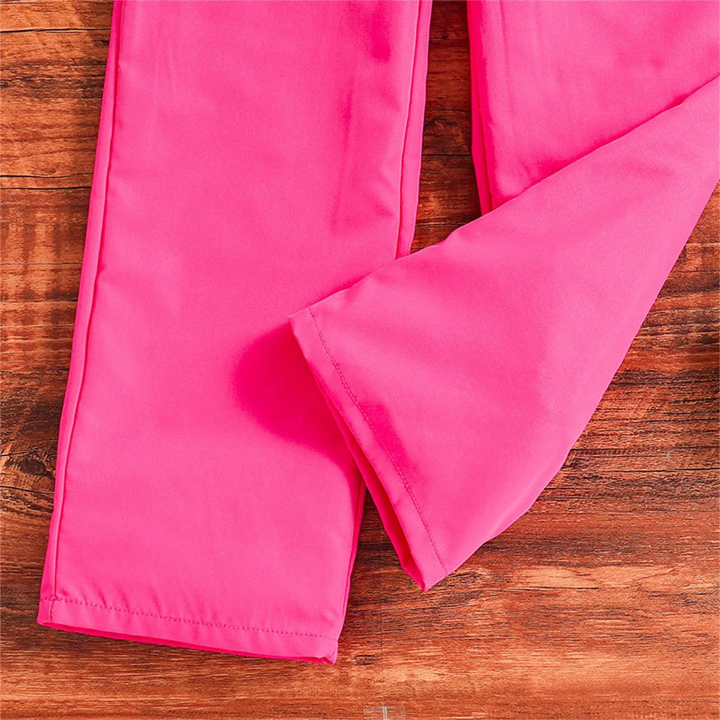Close-up of pink pants from Kids Casual Clothing Sets Summer Girls Fashion Rose Floral Print White Top Pants on wooden background