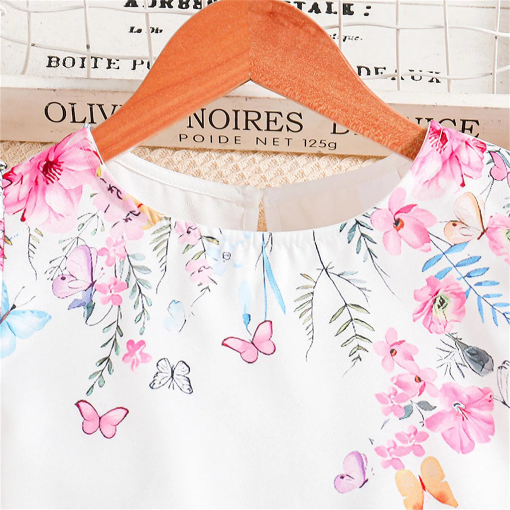 Kids Casual Clothing Sets Summer Girls Fashion Rose Floral Print White Top Pants with colorful butterfly and flower design