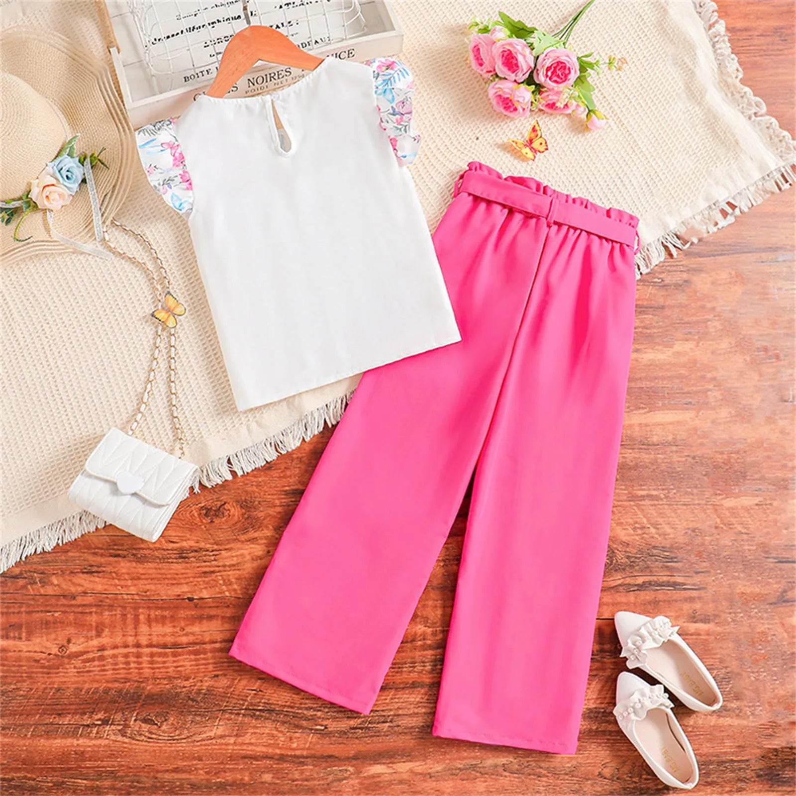Kids Casual Clothing Sets Summer Girls Fashion Rose Floral Print White Top Pants displayed with white purse and shoes