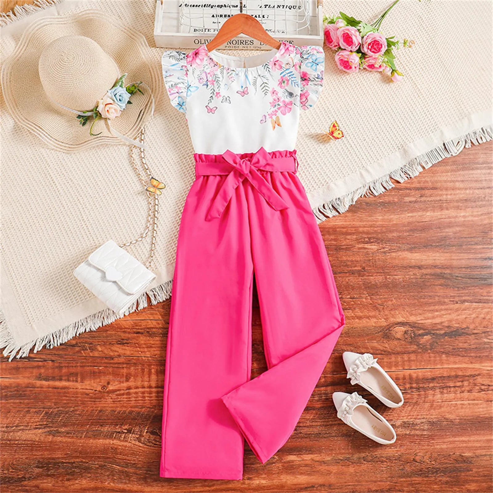 Kids casual clothing sets summer girls fashion rose floral print white top pants with pink pants and floral top