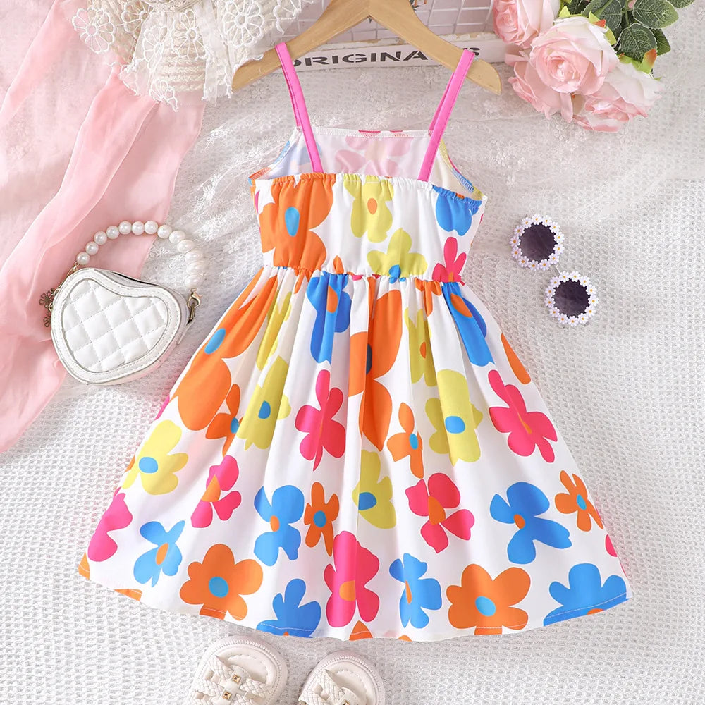 Kids Casual Dress Girls Summer Floral Pink Bow Toddler Beach Holiday Suspender with colorful flower print