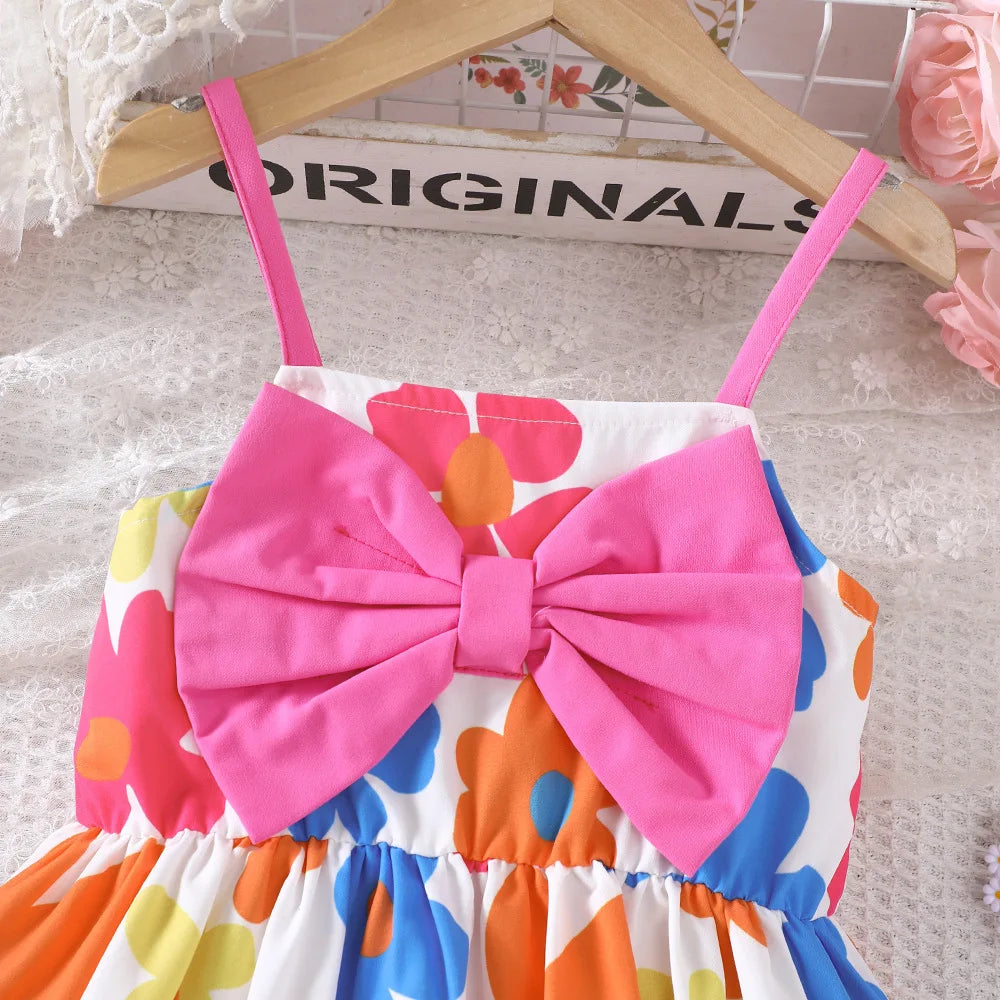 Kids Casual Dress Girls Summer Floral Pink Bow Toddler Beach Holiday Suspender with colorful flower pattern