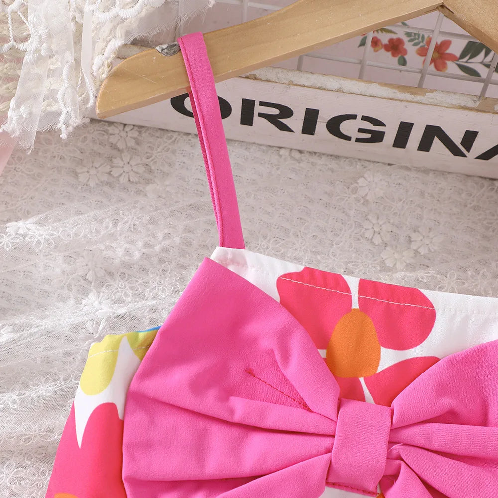 Kids Casual Dress Girls Summer Floral Pink Bow Toddler Beach Holiday Suspender hanging on wooden hanger