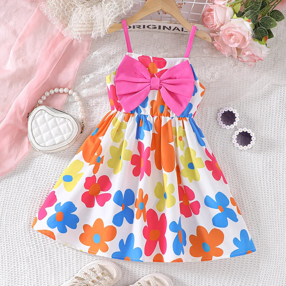 Kids Casual Dress Girls Summer Floral Pink Bow Toddler Beach Holiday Suspender with colorful flowers and pink straps