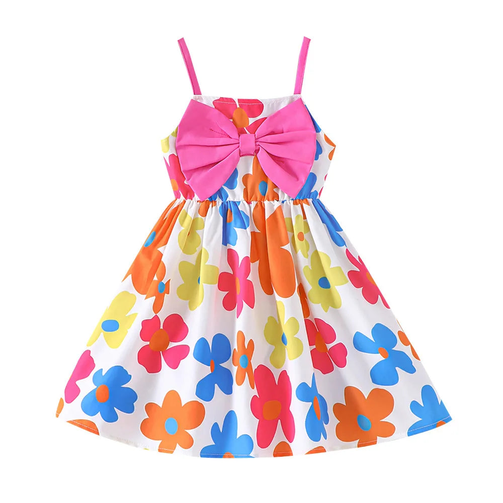 Kids Casual Dress Girls Summer Floral Pink Bow Toddler Beach Holiday Suspender with colorful flower print 