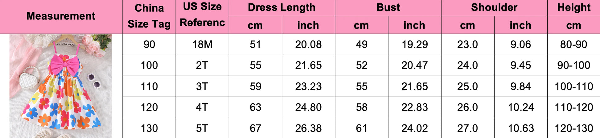 Kids Casual Dress Girls Summer Floral Pink Bow Toddler Beach Holiday Suspender size chart with measurements in cm and inches