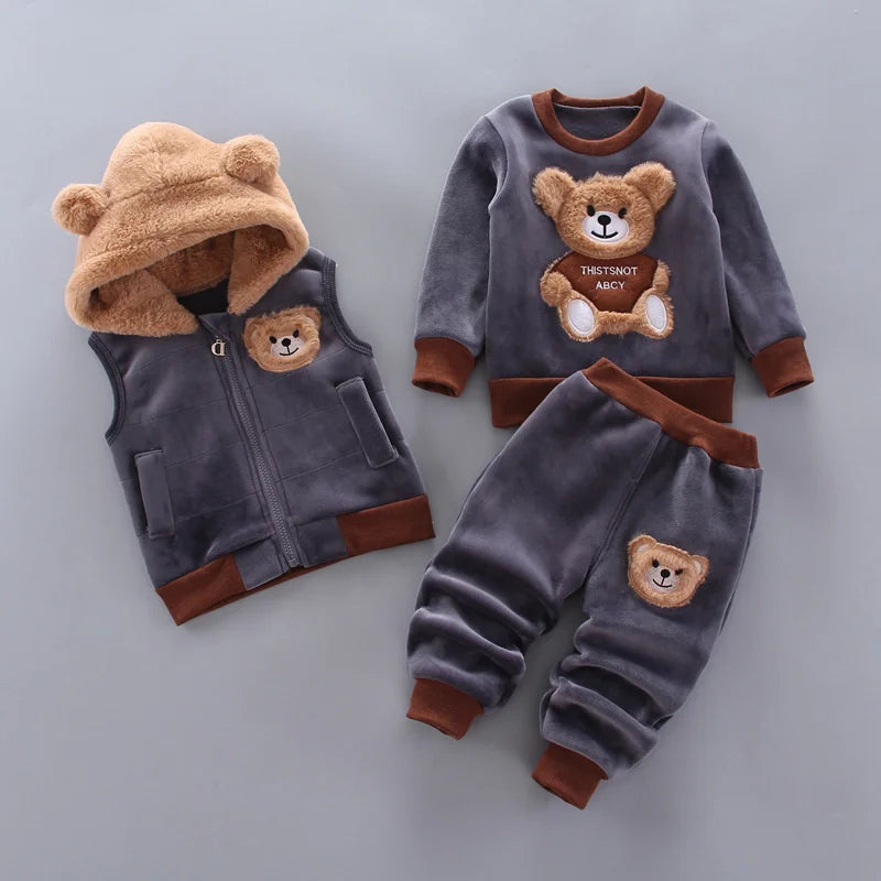 Kids Cartoon Clothing Sets Winter Autumn Boys Girls Cotton Warm Hooded Sweater with teddy bear design in gray and brown  