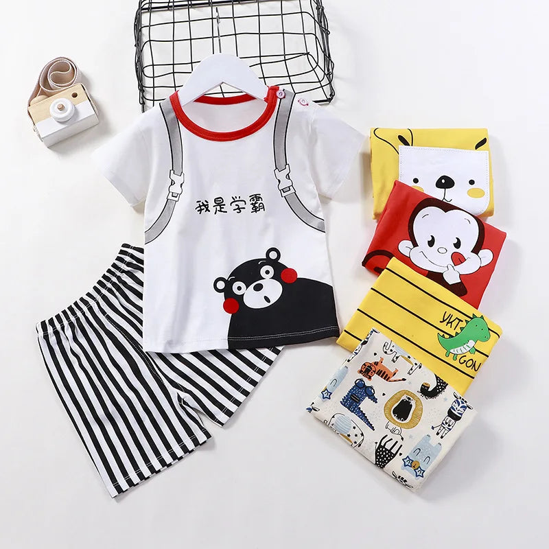 Kids Clothes Set Baby Boy & Girl Cotton T-Shirt & Shorts Summer Cartoon Outfit with striped shorts and bear design
