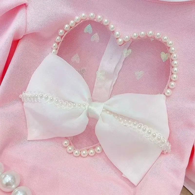 Kids Clothes Set - Cotton Outfit for Baby Girls 2-Piece T-Shirt Set in pink with pearl heart and bow detail