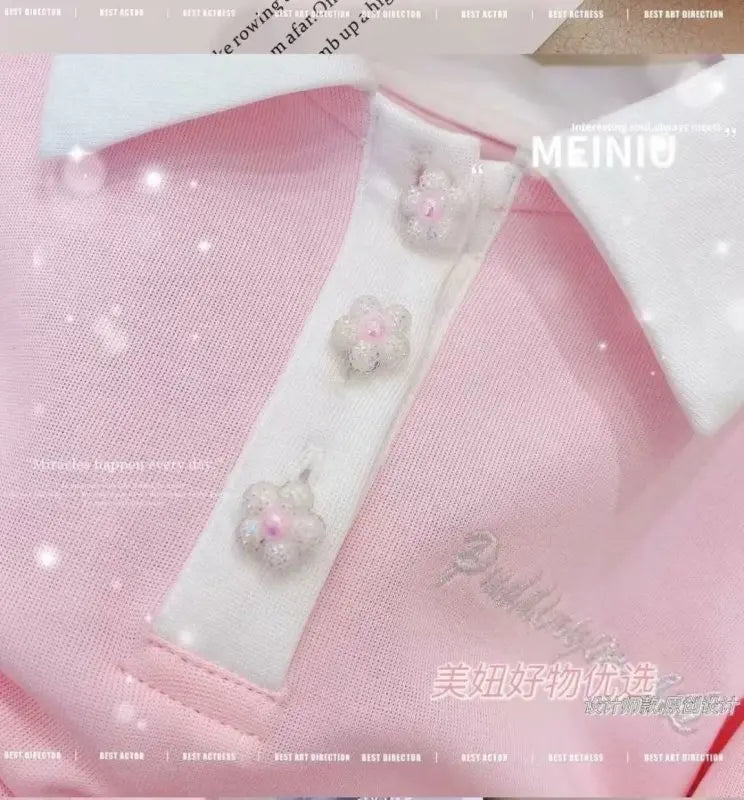 Kids Clothes Set cotton outfit for baby girls 2-piece T-shirt set with pink fabric and floral buttons