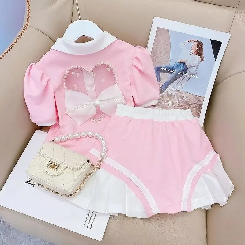 Kids Clothes Set - Cotton Outfit for Baby Girls 2-Piece T-Shirt Set in pink with bow and white skirt