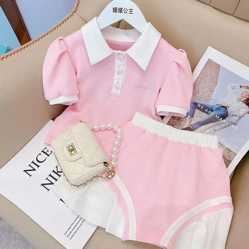Kids Clothes Set - Cotton Outfit for Baby Girls 2-Piece T-Shirt Set in pink with white collar and shorts