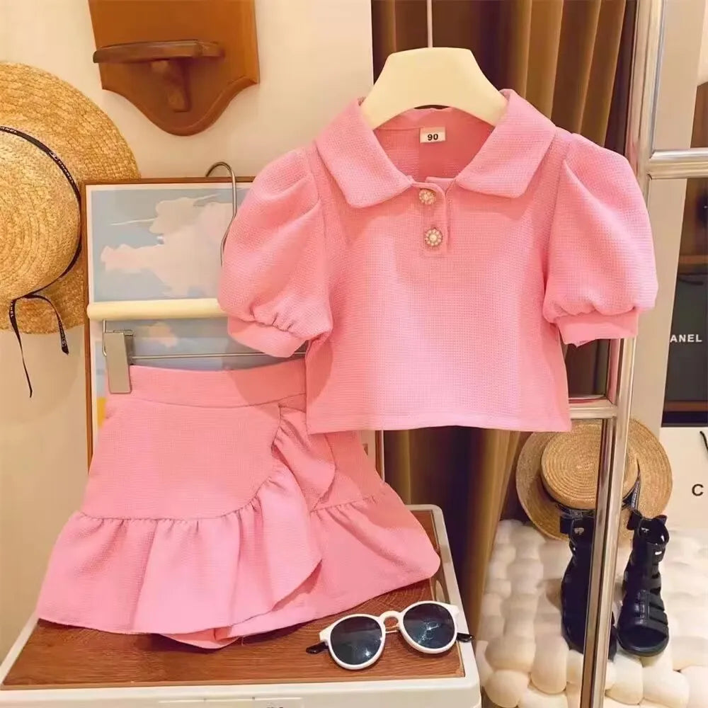 Kids Clothes Set Cotton Outfit for Baby Girls 2-Piece T-Shirt Set in pink with puff sleeves and skirt