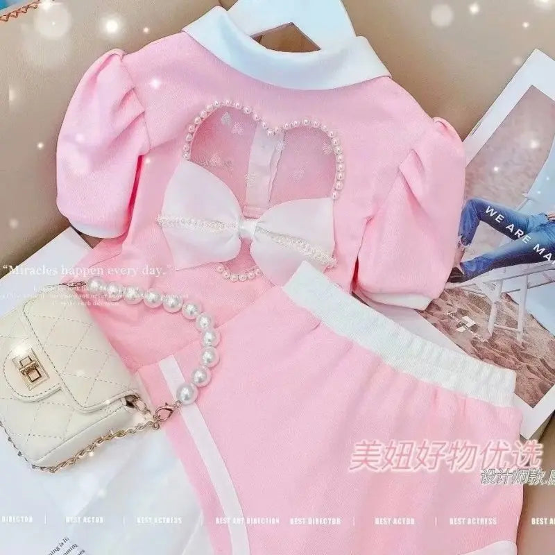 Kids Clothes Set cotton outfit for baby girls 2-piece t-shirt set in pink with puff sleeves and pearl bow detail