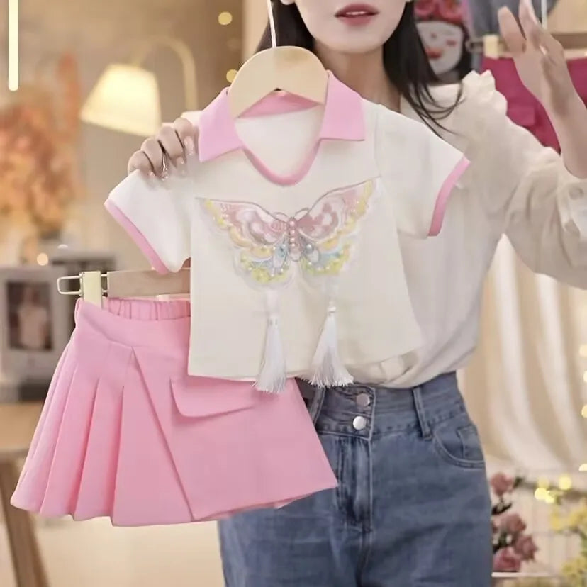 Kids Clothes Set Cotton Outfit for Baby Girls 2-Piece T-Shirt Set with butterfly design and pink skirt