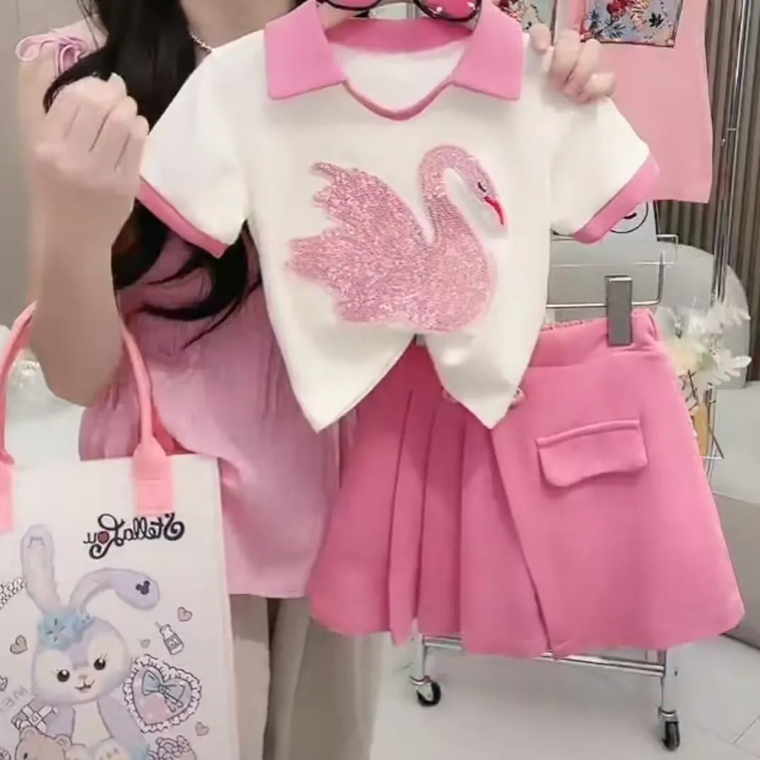 Kids Clothes Set - Cotton Outfit for Baby Girls 2-Piece T-Shirt Set with pink swan design and matching skirt