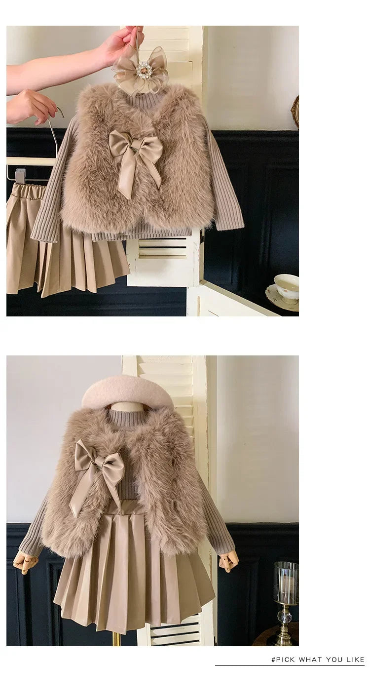 Kids Clothing Sets Furry Coat Knitted Top Pleated Leather Skirt 3pcs Outfit in beige tones with bow and headband