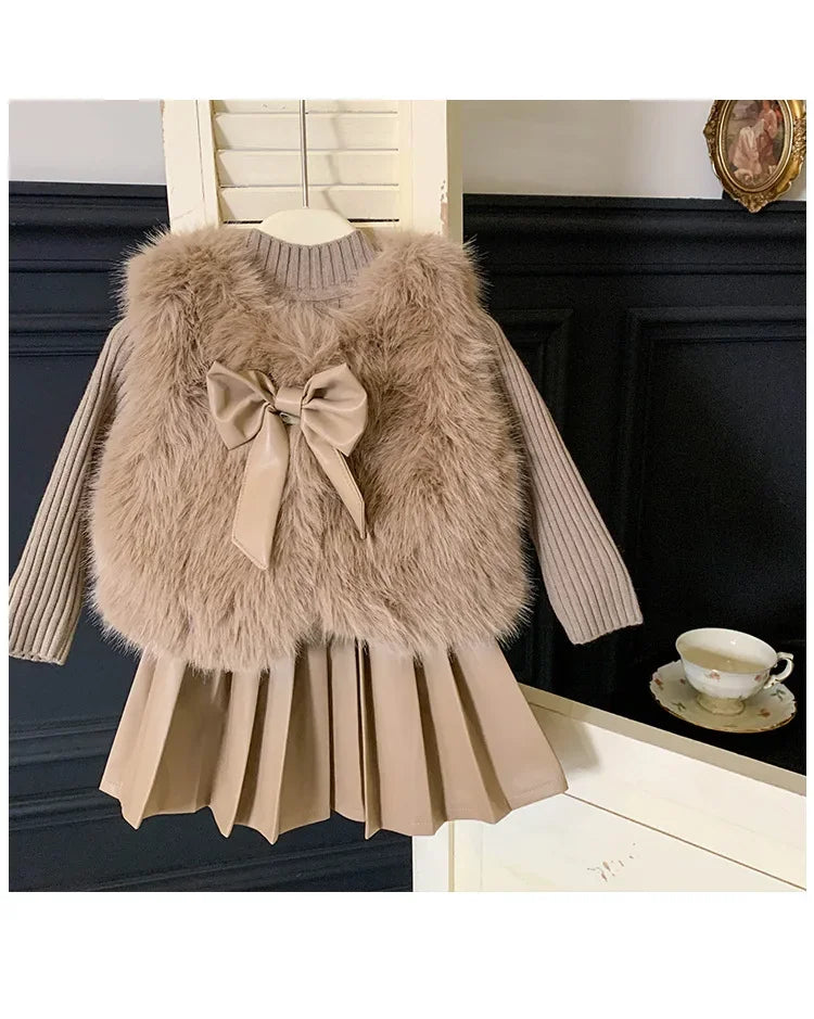 Kids Clothing Sets Furry Coat Knitted Top Pleated Leather Skirt 3pcs Outfit in beige and brown tones 