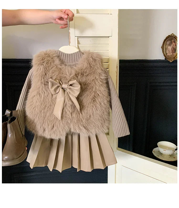 Kids Clothing Sets Furry Coat Knitted Top Pleated Leather Skirt 3pcs Outfit in beige with bow detail