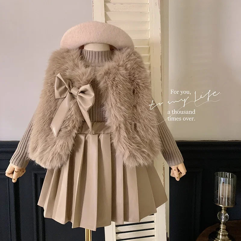 Kids Clothing Sets Furry Coat Knitted Top Pleated Leather Skirt 3pcs Outfit in beige with bow and beret