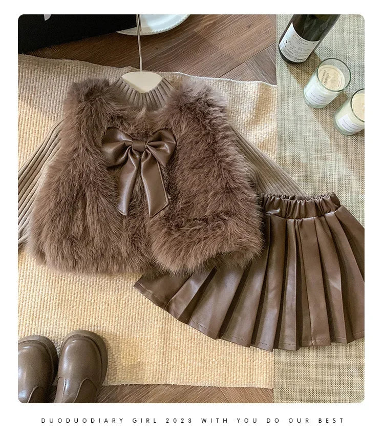 Kids Clothing Sets Furry Coat Knitted Top Pleated Leather Skirt 3pcs Outfit in brown on beige background