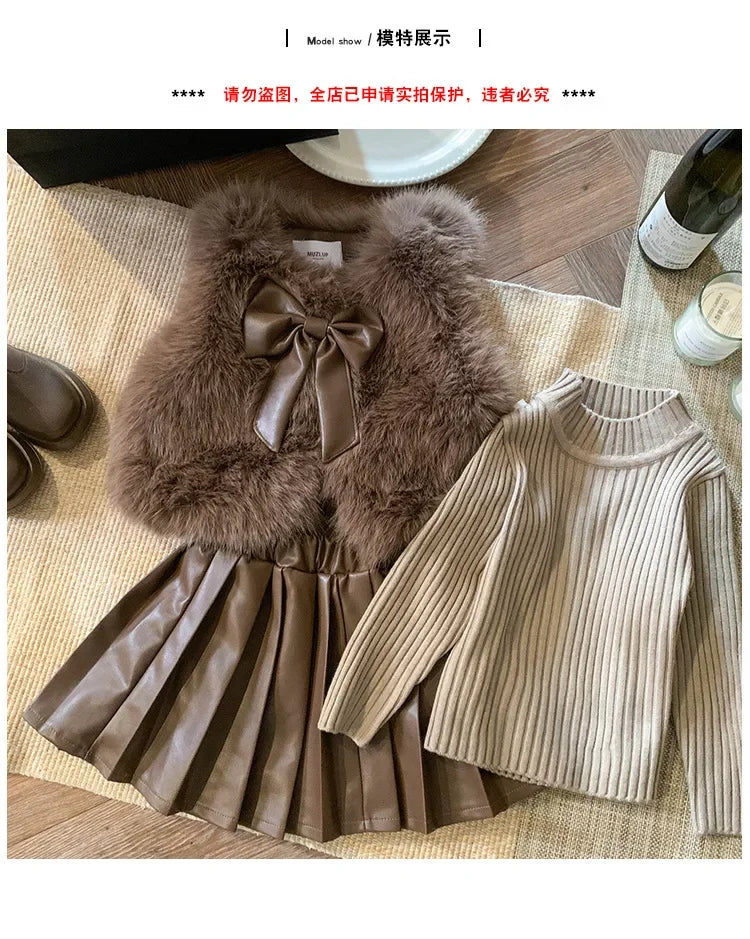 Kids Clothing Sets Furry Coat Knitted Top Pleated Leather Skirt 3pcs Outfit in brown tones for girls