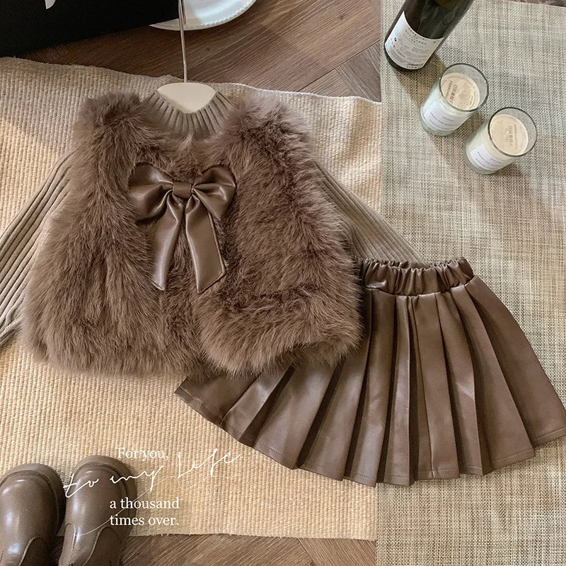 Kids Clothing Sets Furry Coat Knitted Top Pleated Leather Skirt 3pcs Outfit in brown tones for toddlers