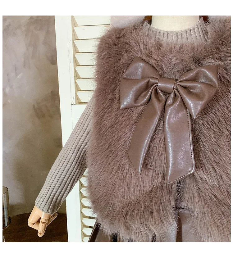 Kids Clothing Sets Furry Coat Knitted Top Pleated Leather Skirt 3pcs Outfit in soft brown tones with bow detail