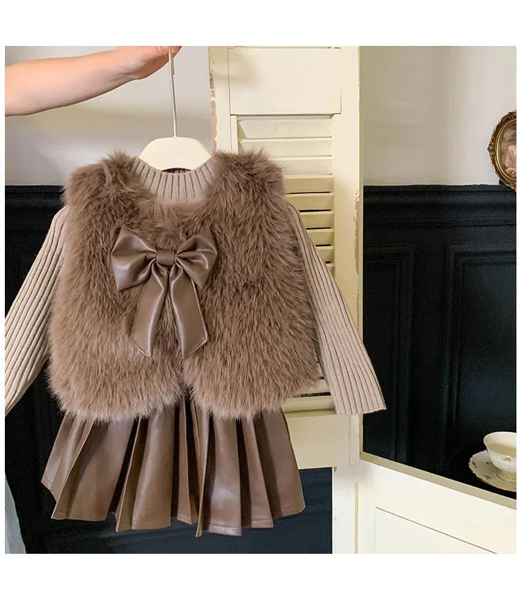 Kids Clothing Sets Furry Coat Knitted Top Pleated Leather Skirt 3pcs Outfit in brown with bow detail