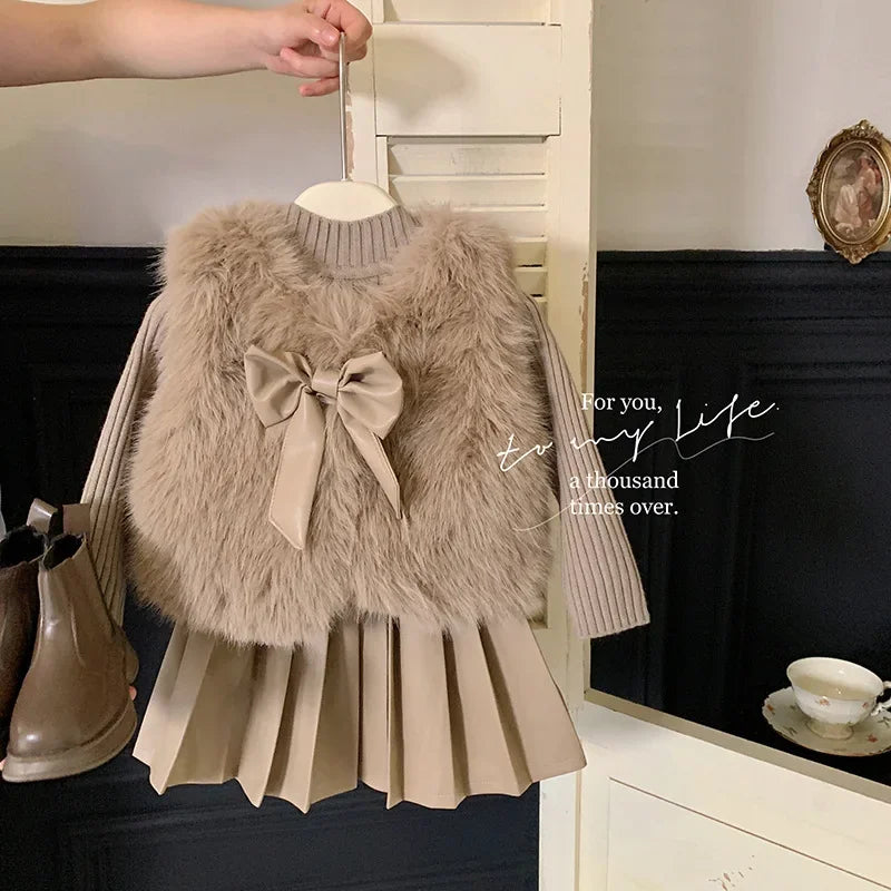 Kids Clothing Sets Furry Coat Knitted Top Pleated Leather Skirt 3pcs Outfit in beige with bow detail 