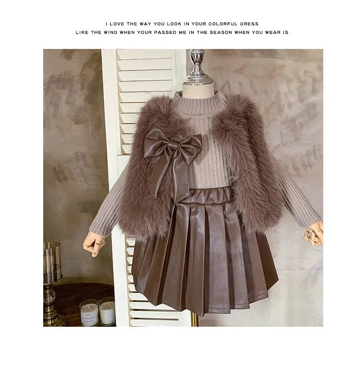 Kids Clothing Sets Furry Coat Knitted Top Pleated Leather Skirt 3pcs Outfit in brown on mannequin 