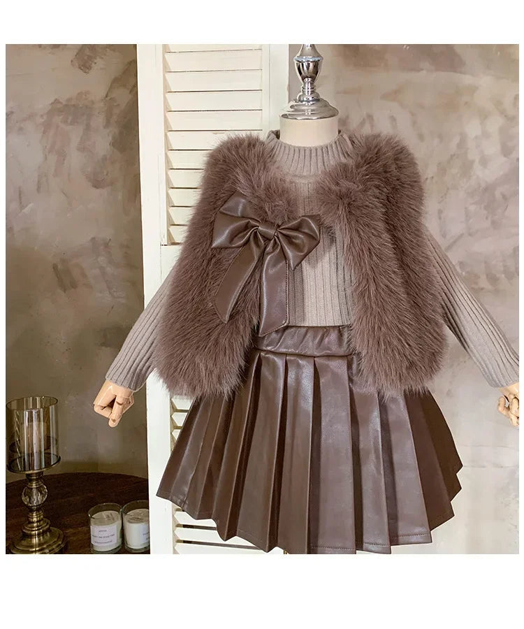 Kids Clothing Sets Furry Coat Knitted Top Pleated Leather Skirt 3pcs Outfit in brown on mannequin