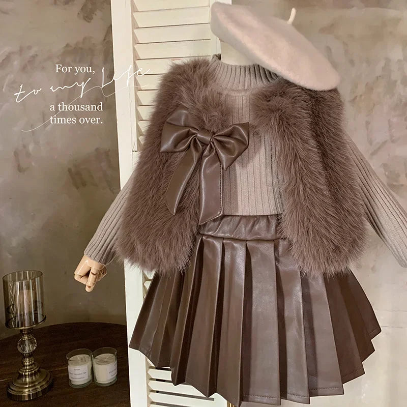 Kids Clothing Sets Furry Coat Knitted Top Pleated Leather Skirt 3pcs Outfit in brown with bow and beret