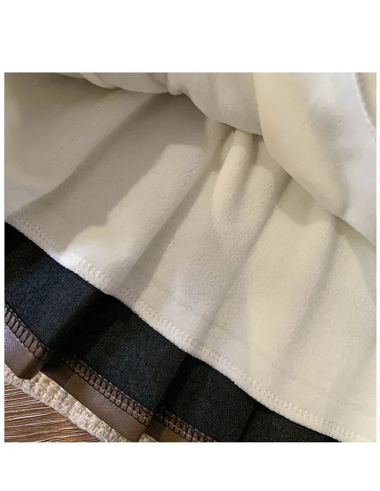 Close-up of Kids Clothing Sets Furry Coat Knitted Top Pleated Leather Skirt 3pcs Outfit showing fabric and stitching details