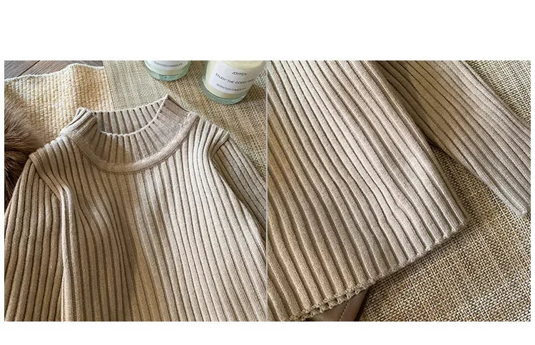 Kids Clothing Sets Furry Coat Knitted Top Pleated Leather Skirt 3pcs Outfit in beige knitted fabric close-up