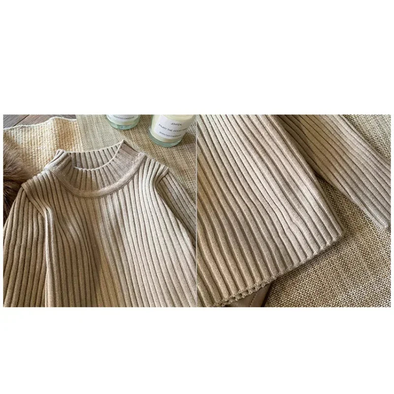 Kids Clothing Sets Furry Coat Knitted Top Pleated Leather Skirt 3pcs Outfit beige ribbed knit top close up
