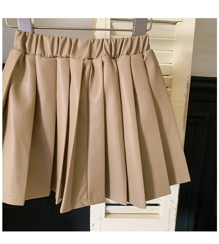 Pleated leather skirt in beige part of Kids Clothing Sets Furry Coat Knitted Top Pleated Leather Skirt 3pcs Outfit