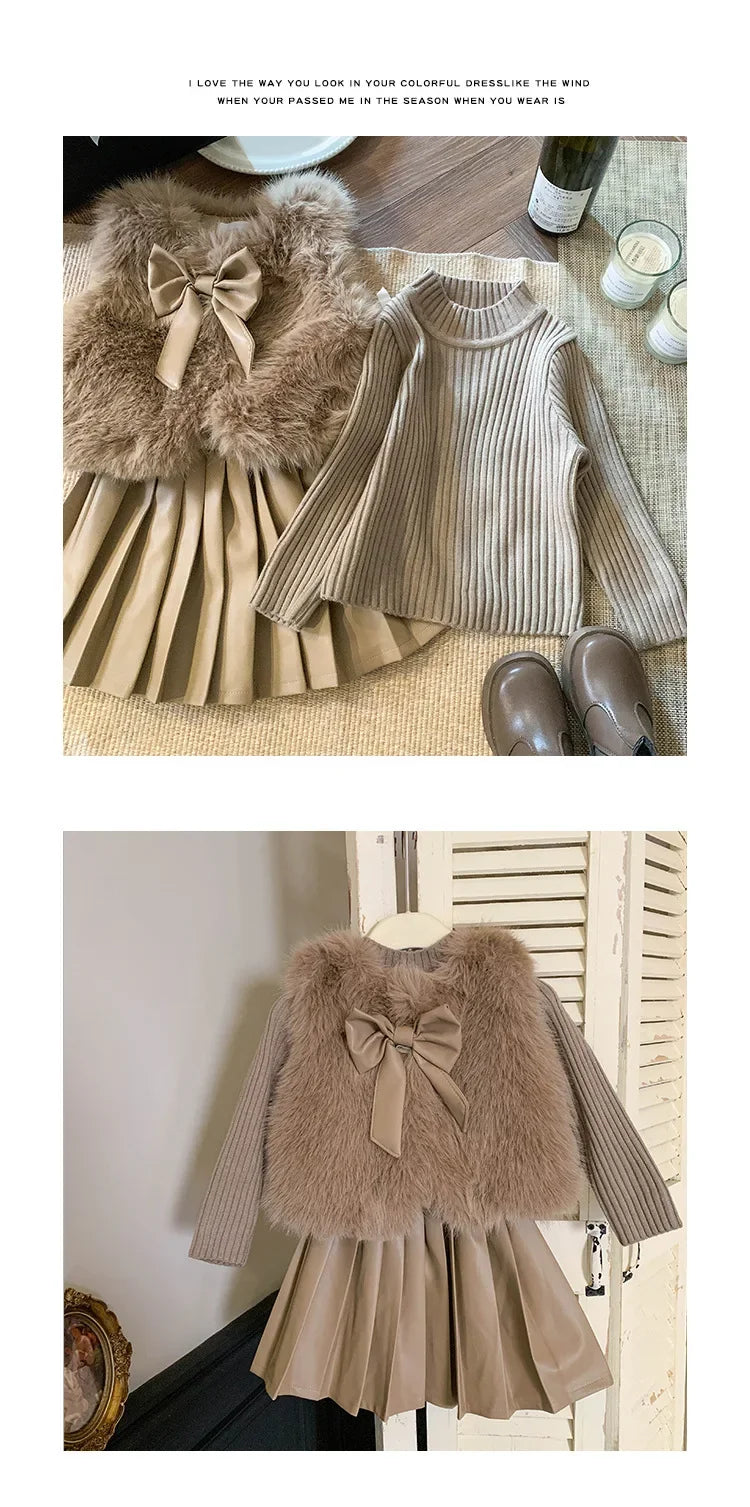 Kids Clothing Sets Furry Coat Knitted Top Pleated Leather Skirt 3pcs Outfit in beige and brown tones