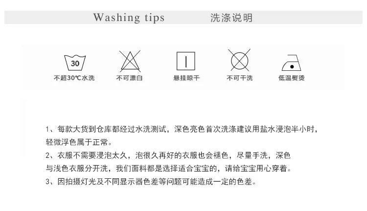 Washing tips for Kids Clothing Sets Furry Coat Knitted Top Pleated Leather Skirt 3pcs Outfit with water temperature, no bleach, hang dry, no dry clean, and low iron symbols