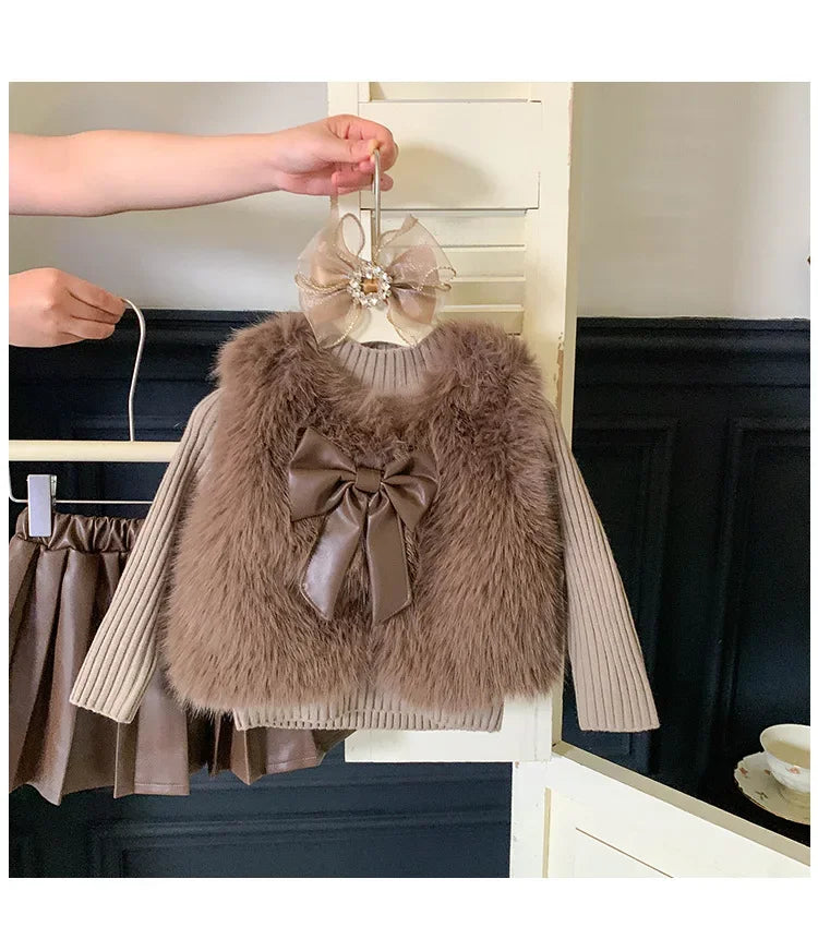 Kids Clothing Sets Furry Coat Knitted Top Pleated Leather Skirt 3pcs Outfit in brown with bow and headband