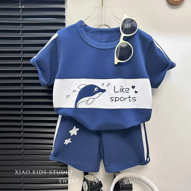 Kids Cotton Short Sleeve Top and Shorts Set Summer Casual Outfit Boys Girls in blue with dolphin design and sunglasses