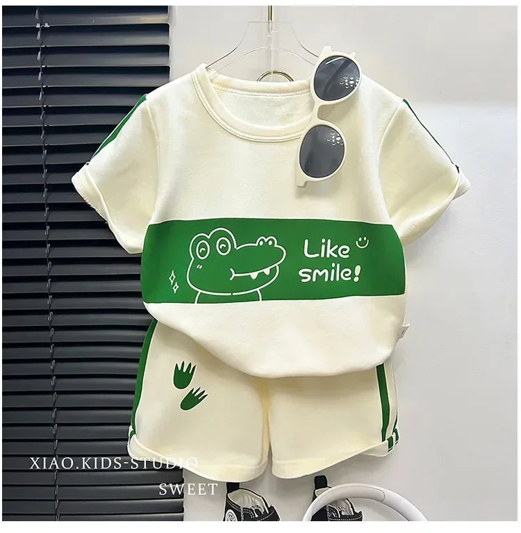 Kids Cotton Short Sleeve Top and Shorts Set Summer Casual Outfit Boys Girls with green alligator print and white sunglasses