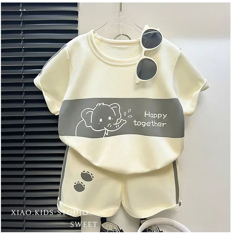 Kids Cotton Short Sleeve Top and Shorts Set Summer Casual Outfit Boys Girls in cream with elephant design