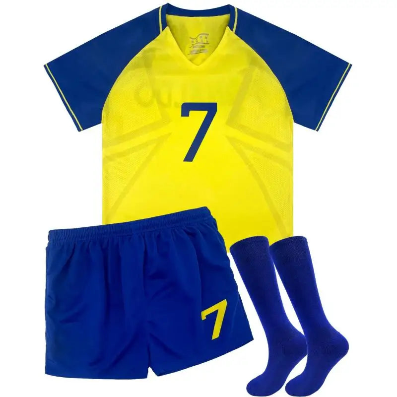 Kids' Fall Boys' Fashion Quick-Dry T-Shirt and Shorts Two-Piece Outfit with blue and yellow sportswear and matching socks