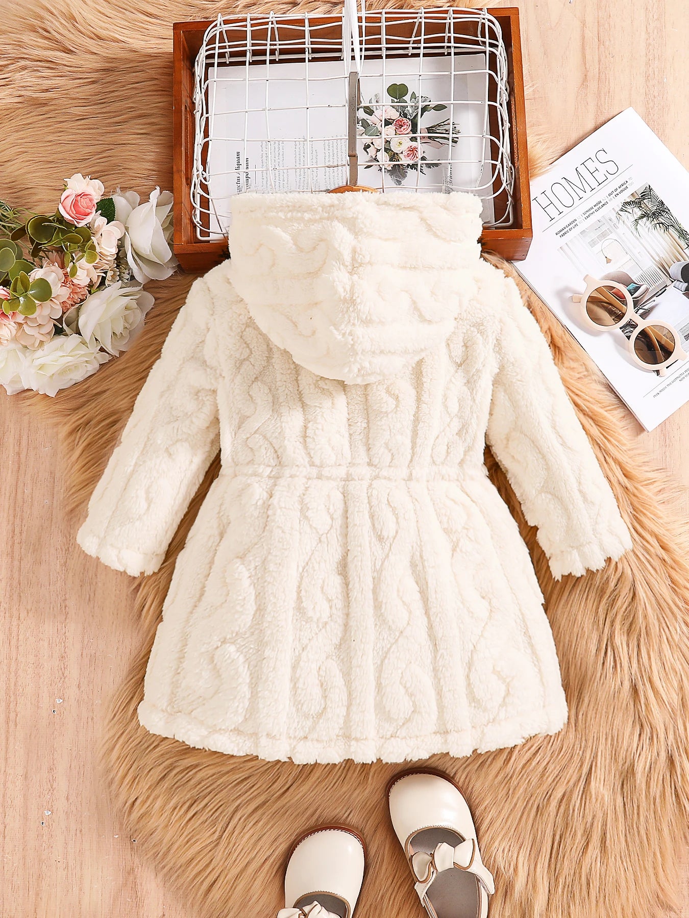 Kids Fall Winter Girls Fleece Striped Hooded Top Coat White One-Piece by Yamza Tots Closet displayed flat on fur surface